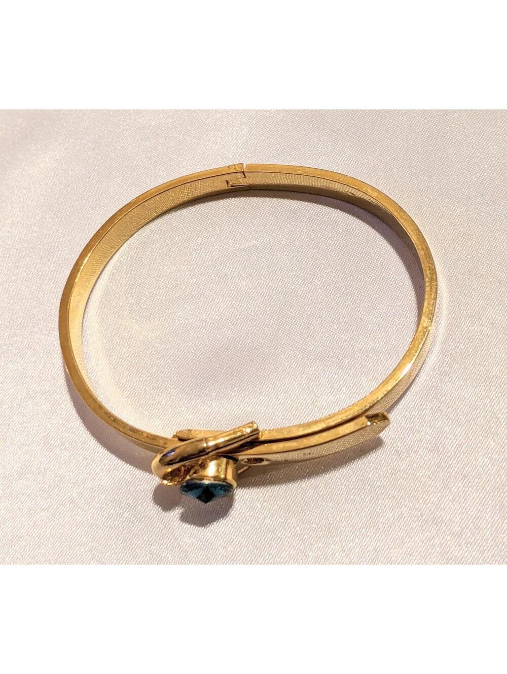 VTG 80s Hinged Bangle Bracelet Blue-Green Crystal Buckle Adjustable Gold Tone - Picture 3 of 7